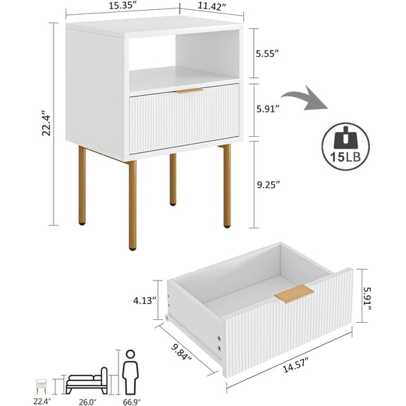 Nightstand,Mid- Modern Bedside Table with Storage Drawer and Open Wood Shelf,Small Gold Frame Side Table for Bedroom,Living Room,White
