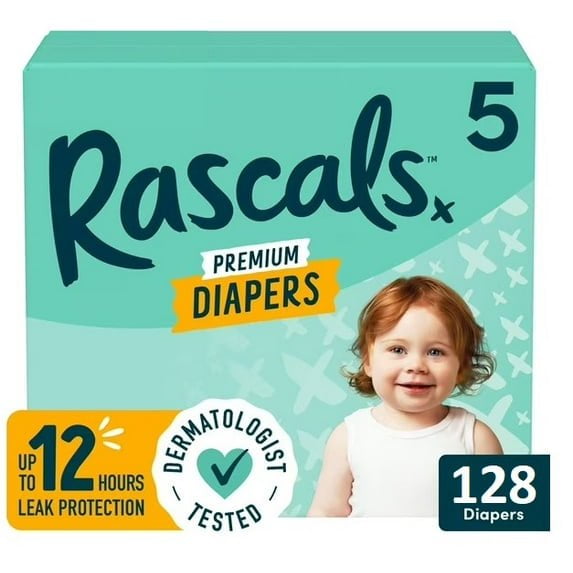 Rascals Premium Absorbent Baby Diapers Size 5, 128 Count