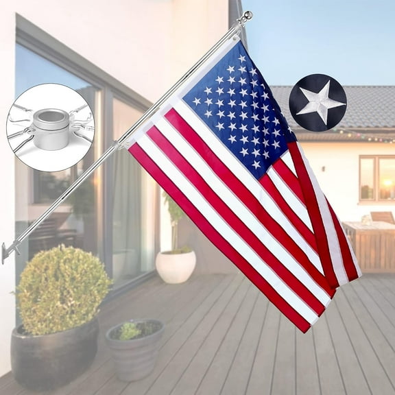 House Flag Pole Kit,Including 6Ft Stainless Steel Flag Pole,Heavy Duty Nylon 3x5 Ft American Flag,Aluminum Alloy Rings and Bracket.Wall Mounted Flagpole Set for Residential Commercial（Silvery）