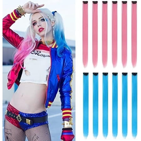 12 count Colored and Lake Blue Hair Extensions 22 Inch Colorful Clip in Hair Extensions Straight Synthetic Hairpiece for Women Girls Halloween Christmas (12Pcs- and Lake Blue)