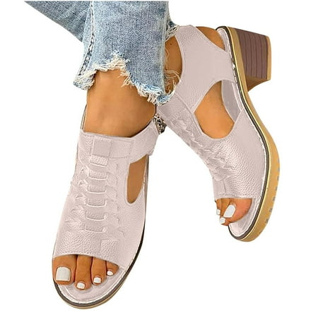 

Deals of the Day Bidobibo Womens Sandals Fish Mouth Wedge Sandals Trendy Solid Color Hollow Out Mid Chunky Heel Shoes Casual Vacation Side Zipper Open Toe Beach Sandals
