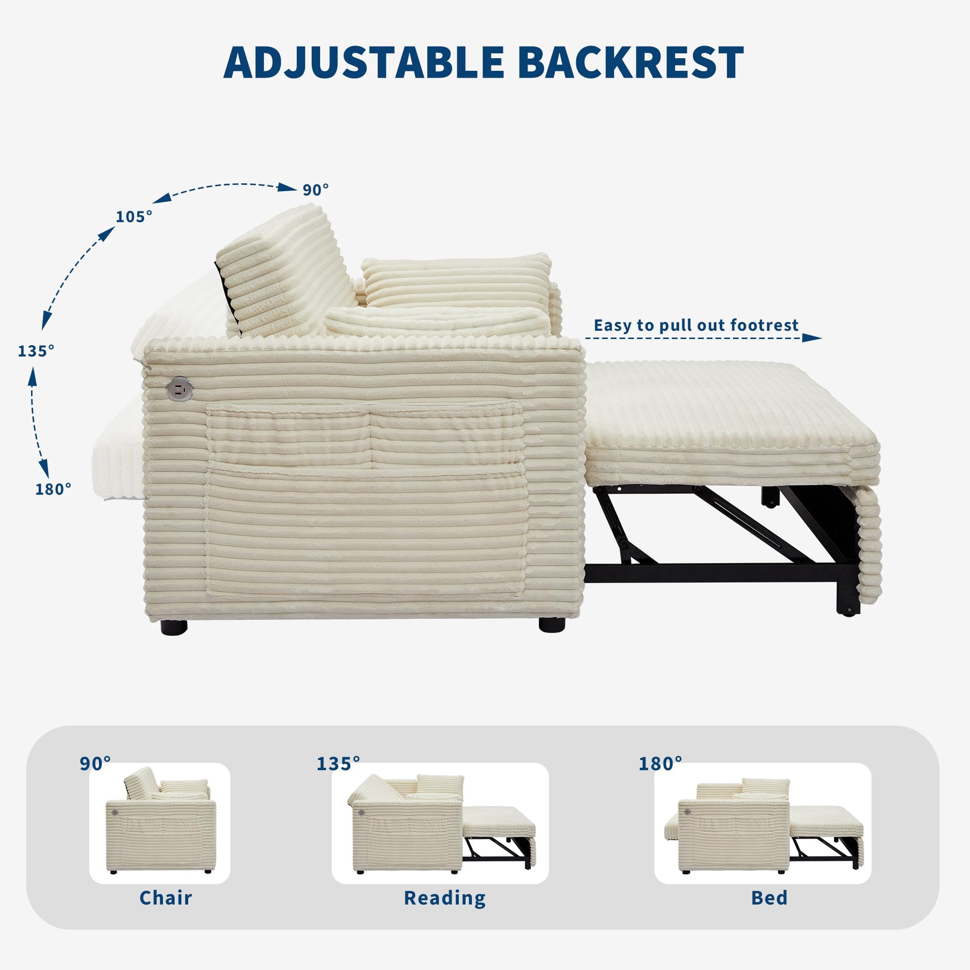 48'' Corduroy Loveseat Sleeper Sofa Bed with Pull-Out Bed, Adjustable Backrest & Charging Ports for Living Room, Bedroom & Apartment