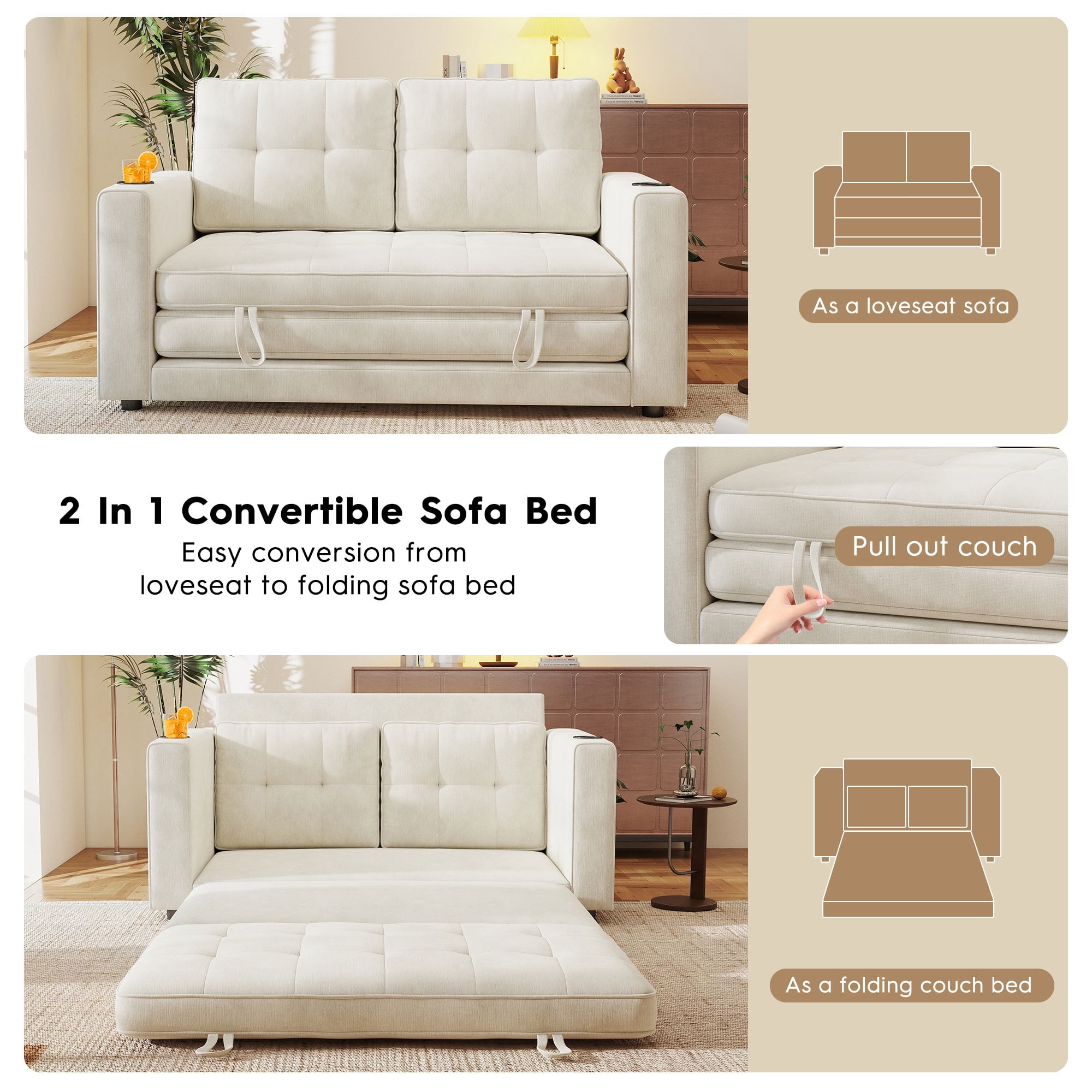 BedLuxury 55" Foldable Loveseat Futon Sofa Bed with Cup Holder & Storage Pocket, 3-in-1 Sleeper Couch, Space Saving, Chenille Beige