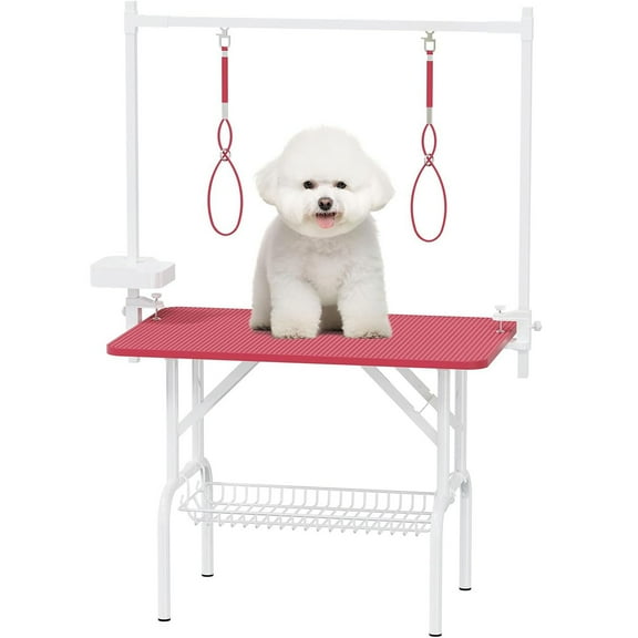 Large Foldable Dog Grooming Table 36 Inch Adjustable Metal and MDF Pet Station with Nooses and Arms for Grooming