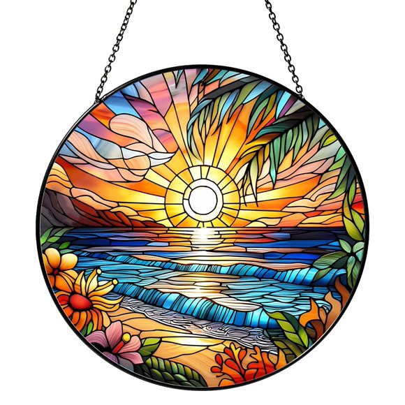 Vidriera colgante RVEAFA, 20 cm, playa y puesta de sol