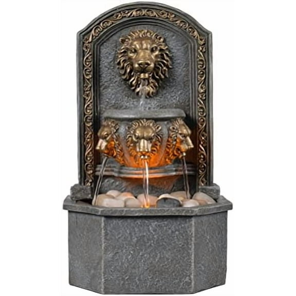 10.3 Inches Tall Tabletop Fountain Classic Lion Head Polyresin Indoor Zen Waterfall Fountain w/Cobblestone Soothing Sounds for Office and Home Decor