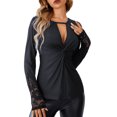 thumbnail image 1 of Blusa anudada en la parte delantera con cuello en U profundo,Blusa anudada en la parte delantera Blusa anudada de manga larga para mujer Ropa de mujer Tecnología de vanguardia, 1 of 7