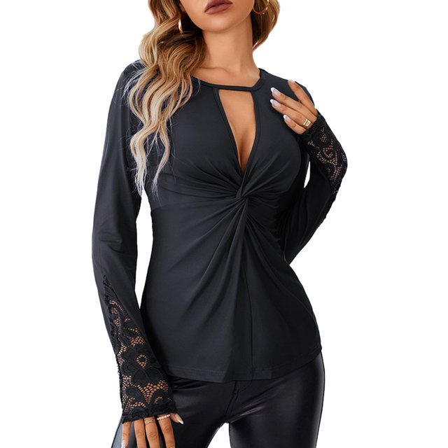 Blusa anudada en la parte delantera con cuello en U profundo,Blusa anudada en la parte delantera Blusa anudada de manga larga para mujer Ropa de mujer Tecnología de vanguardia