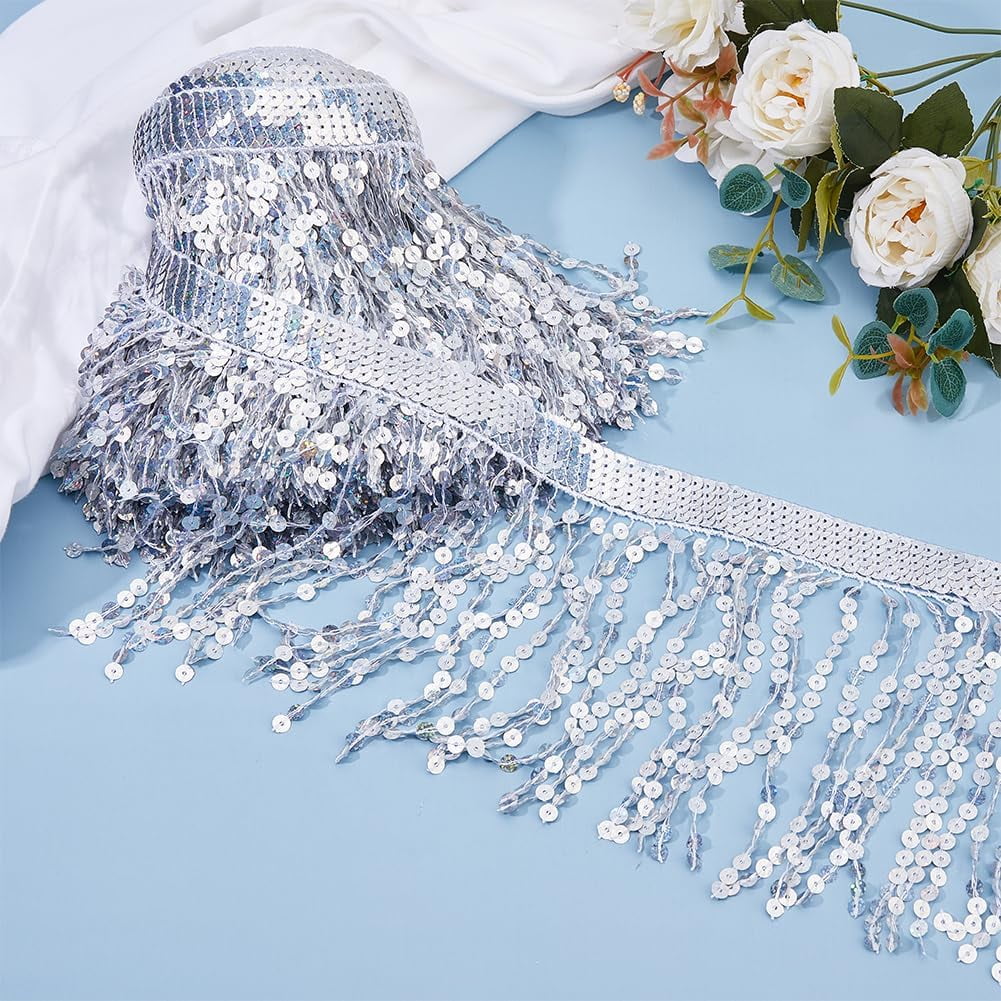 10.94 Yards Sequins Tassel Ribbon Trim 17cm/6.69inch Wide Sequins Fringe Trim Paillette Lace Trim Bling Sewing Fringe Trim Silver Sparkle Tassel Lace Ribbon for Sewing Craft Home Party Silver