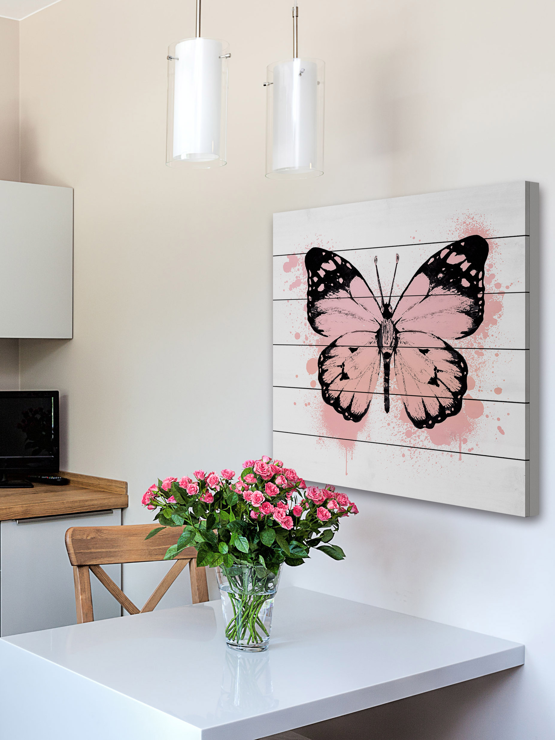 "Butterfly Black Peach" Painting Print on White Wood