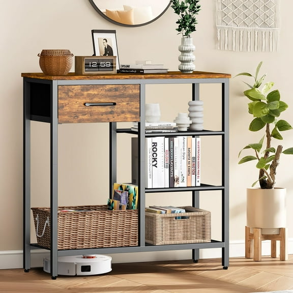 Capri 31.5" Entryway Table with Storage Fabric Drawer, Small Narrow Console Tables 4-Tier Shoe Rack Side Furniture for Small Spaces, Front Door, Hallway, Foyer, Rustic Brown