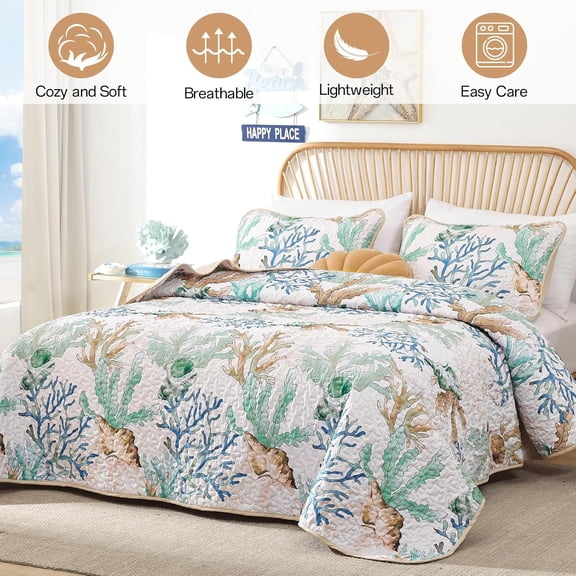 Coastal Quilt Set King Size Green Nautical Beach Reversible Lightweight Bedspread with 2 Pillowshams Soft Microfiber All Season