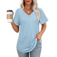 thumbnail image 1 of Camiseta OFEEFAN, talla grande, cuello en V, manga corta, corte holgado, azul claro, 1 of 6