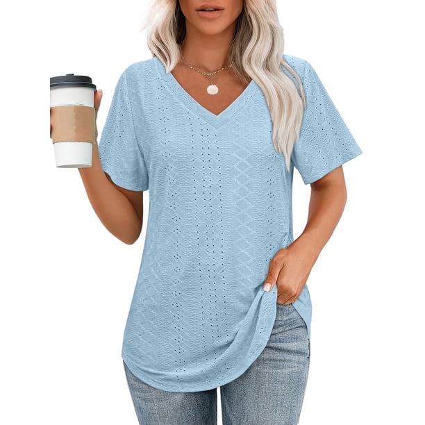 Camiseta OFEEFAN, talla grande, cuello en V, manga corta, corte holgado, azul claro