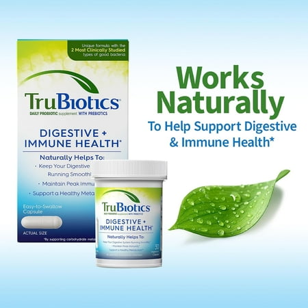 TruBiotics Probiotics for Digestive & Immune Health, Supports Regularity & Helps Relieve Abdominal Discomfort, Gas & Bloating, 2 Clinically Studied Probiotic Strains, Plus Prebiotics, 60 Capsules