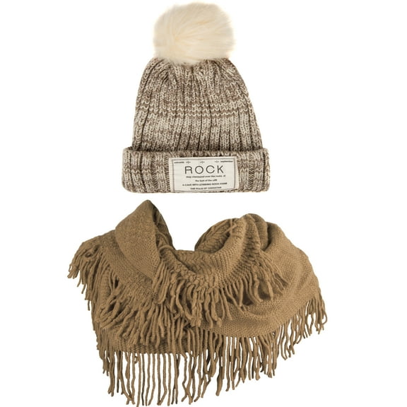 Women's Classic PomPom Warm And Cozy Knitted Beanie and Soft Plush Infinity Scarf Bundle