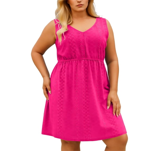 Efsteb Women's Plus Size V-Neck Sleeveless Eyelet Dress Elastic Waist A-Line Mini Dress for Summer Casual Daily Vacation (Hot Pink,XXXL)