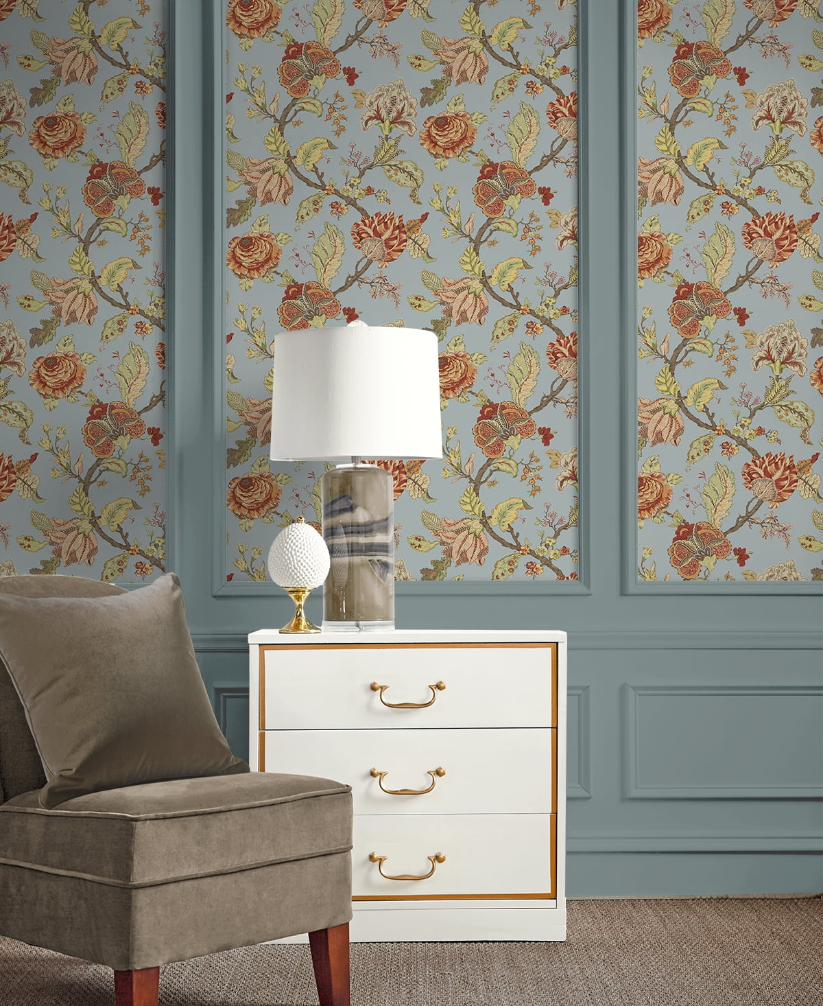 Seabrook Designs  Lana Jacobean Prepasted Wallpaper 20.5 in W x 33 ft. L - Blue Dusk