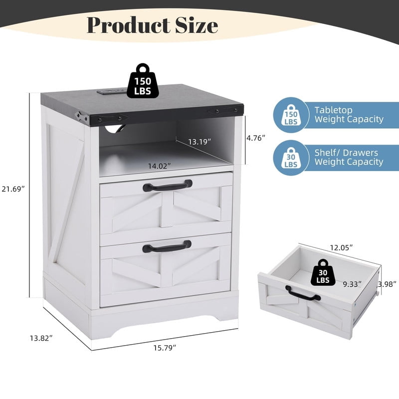 TROPOW Bedside Tables with Charging Station, 2 Drawers, USB & Type-C Ports, Industrial Bedside Table with Storage – End Tables for Bedroom or Living Room, White Color