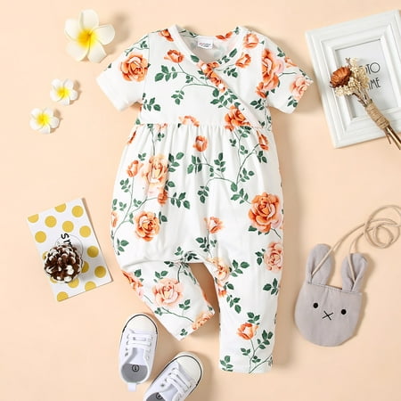 

PatPat Baby Girls Jumpsuit Floral Romper Outfits Newborn Short Sleeve Pleated Footless Onesies Snap up Infant Sleepers Girls Jumpsuit Clothes 0-18Month