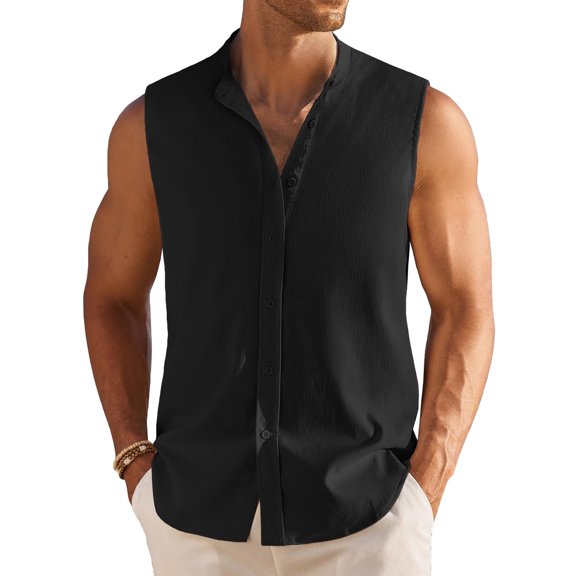 COOFANDY Men's Casualk Shirts Black Sleeveless Summer Button Down Dress Shirts Beach Vacationk Top