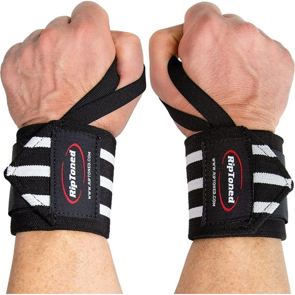 Rip Toned Weight Lifting Wrist Wraps for Weightlifting Men, Women Gym Wrist Wraps Powerlifting Wrist Support for Weightlifting Gym Accessories for Men w/Thumb 18" Black/White Stiff Fit