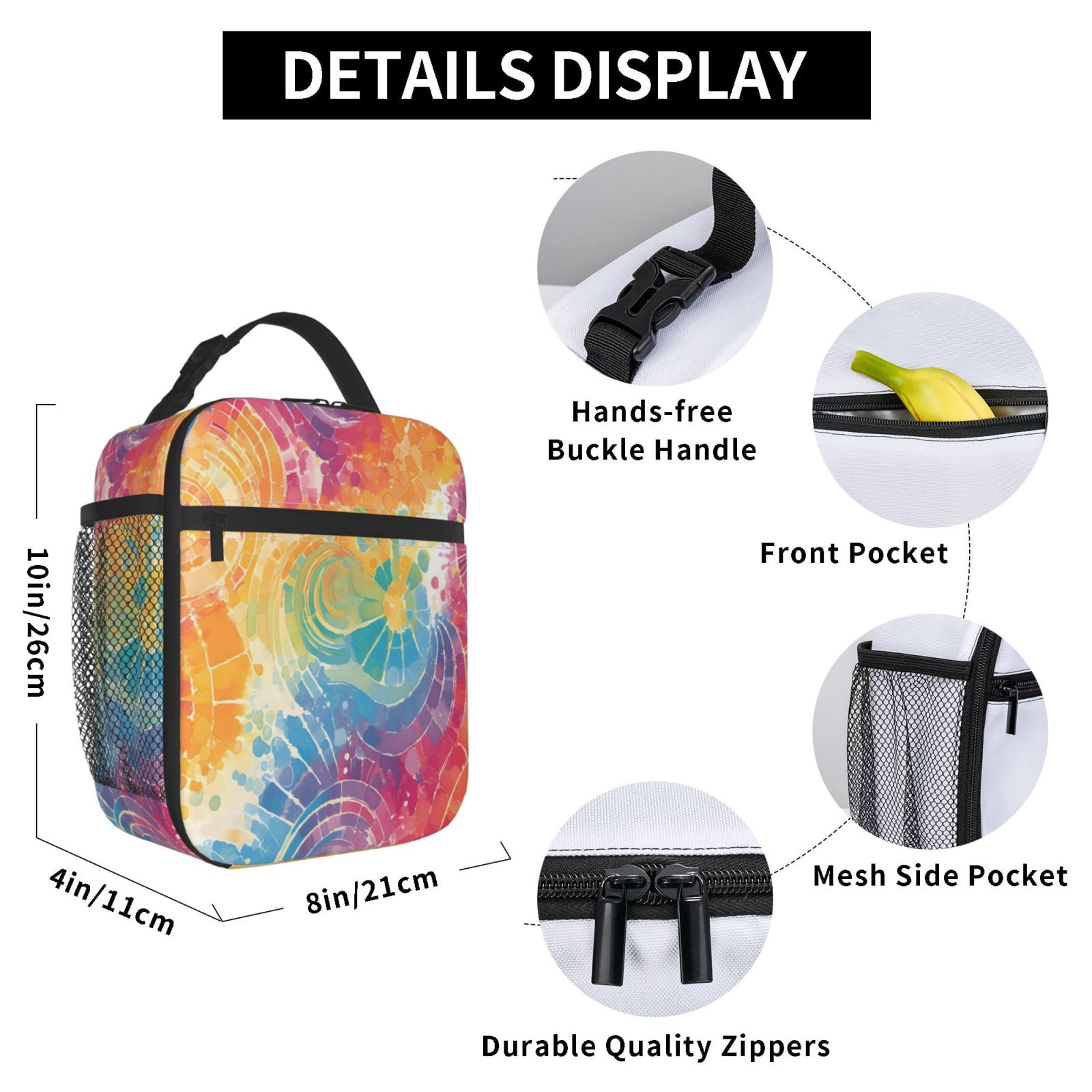 Lunch Bag For Women Men Insulated Portable Lunch Box Bento Box Office Picnic Travel Cooler Bag Lightgrey Tie-Dye Background Vibrant Colors And Swirling