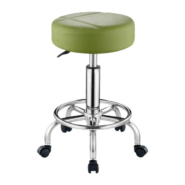 Taburete de spa con ruedas y reposapiés redondo de cuero sintético, taburete de salón con ruedas para de cocina, diseño de salón de trabajo Verde