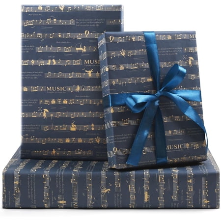 Benefree Music Wrapping Paper 6 Sheets Black Musical Notation Piano Score Musician Gift Wrap Folded Flat 20×28 inches per Sheet with Ribbon for Women Men Birthday Wedding Music Concert