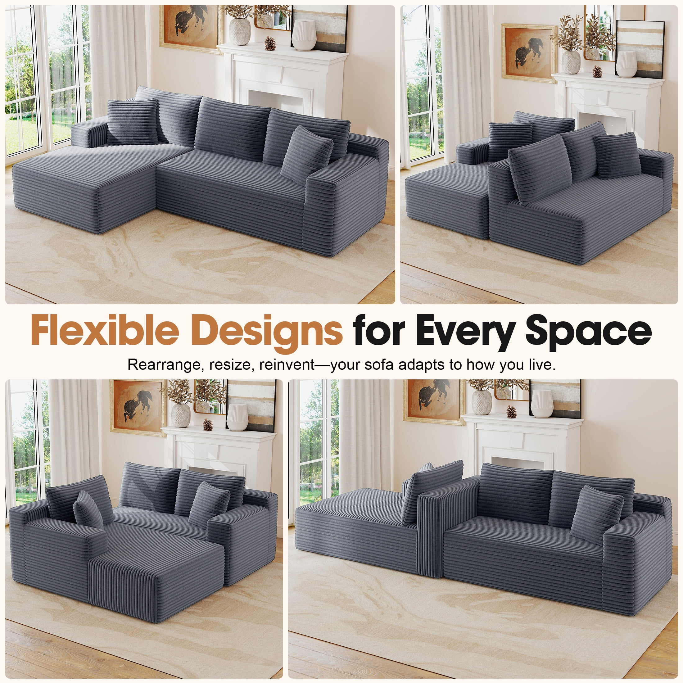 Aukfa Modular Sectional Sofa with Chaise, 95" Boneless Cloud Couch for Living Room, Gray