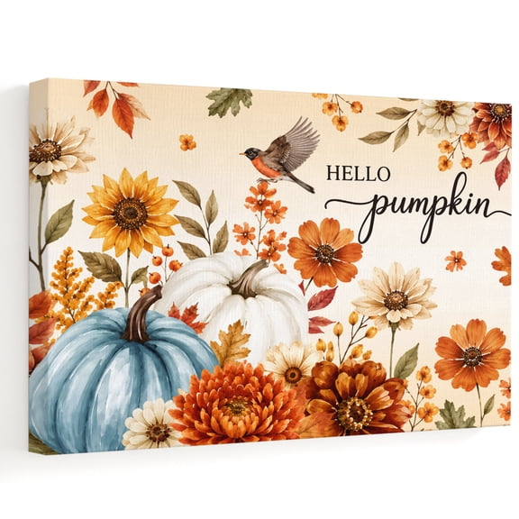 Fall Hello Pumpkins Canvas Wall Art, Thanksgiving Country Farm Bird Flowers Berry Wall Art Prints Artwork Framed Canvas Ready to Hang Art Pictures for Bedroom Living Room Closet Kitchen 16" x 12"