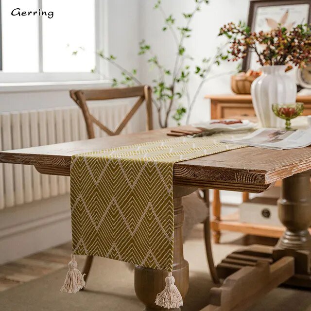 Gerring Nordic Jacquard Blue Table Runner Geometric Tassel Green Tea Table Flag Modern Elegant Table Runners For Dining Table