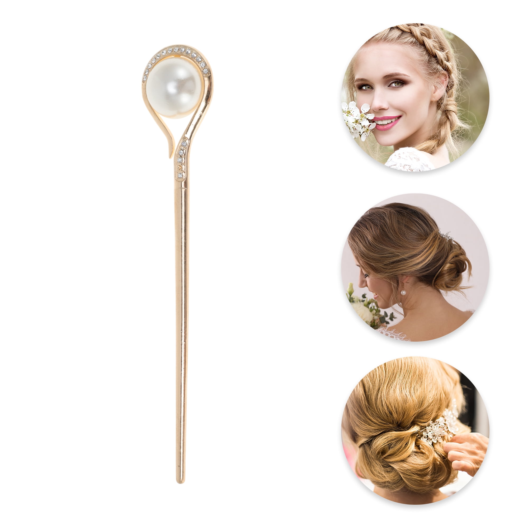 Unique Bargains Faux Pearl Rhinestone Hair Chopstick for Women Light Gold Tone 1 Pc