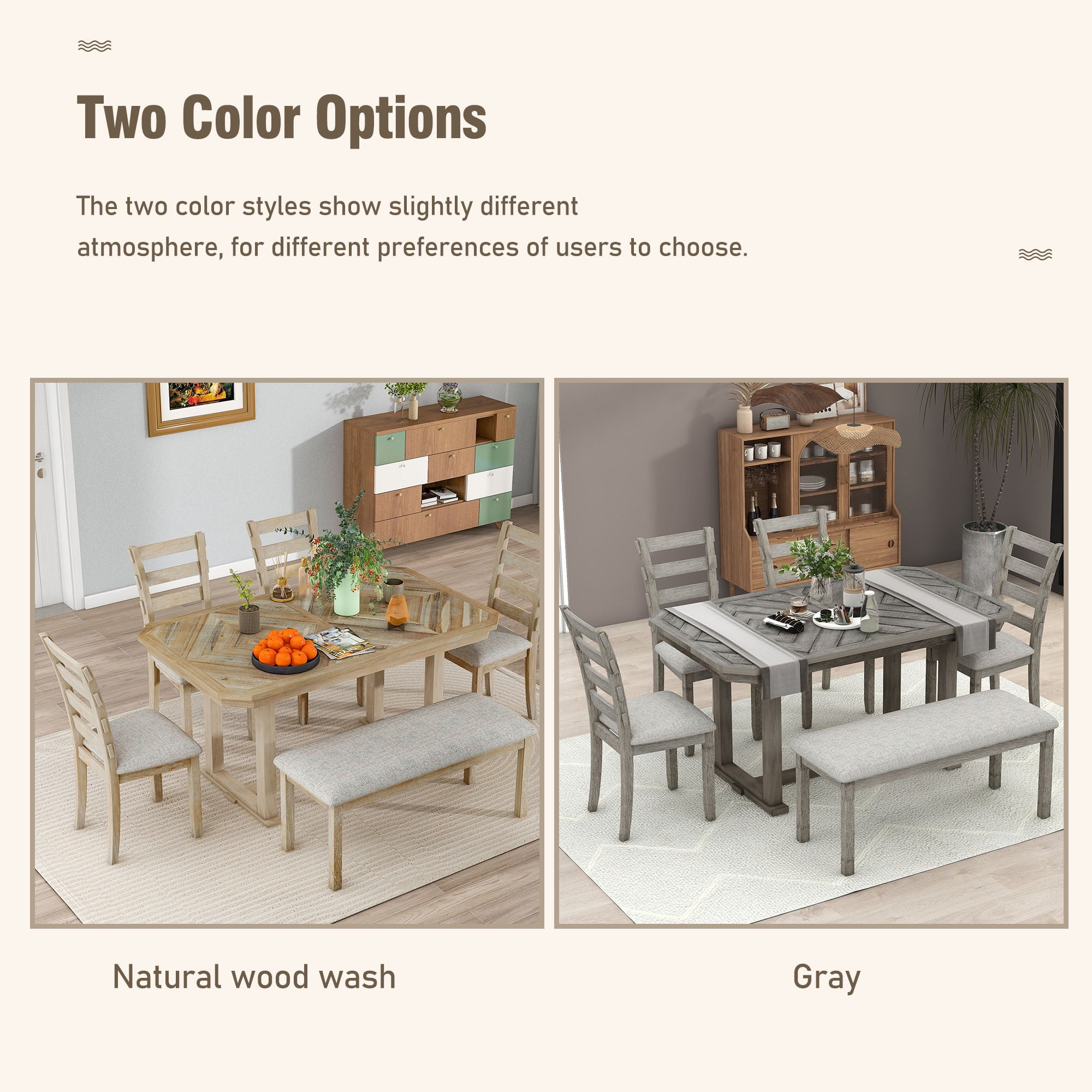 Euroco 6-Piece Rubber Wood Dining Table Set for 6, Farmhouse Kitchen Table Set with Beautiful Wood Grain Tabletop, 4 Upholstered Chairs & a Bench for Dining Room,Gray