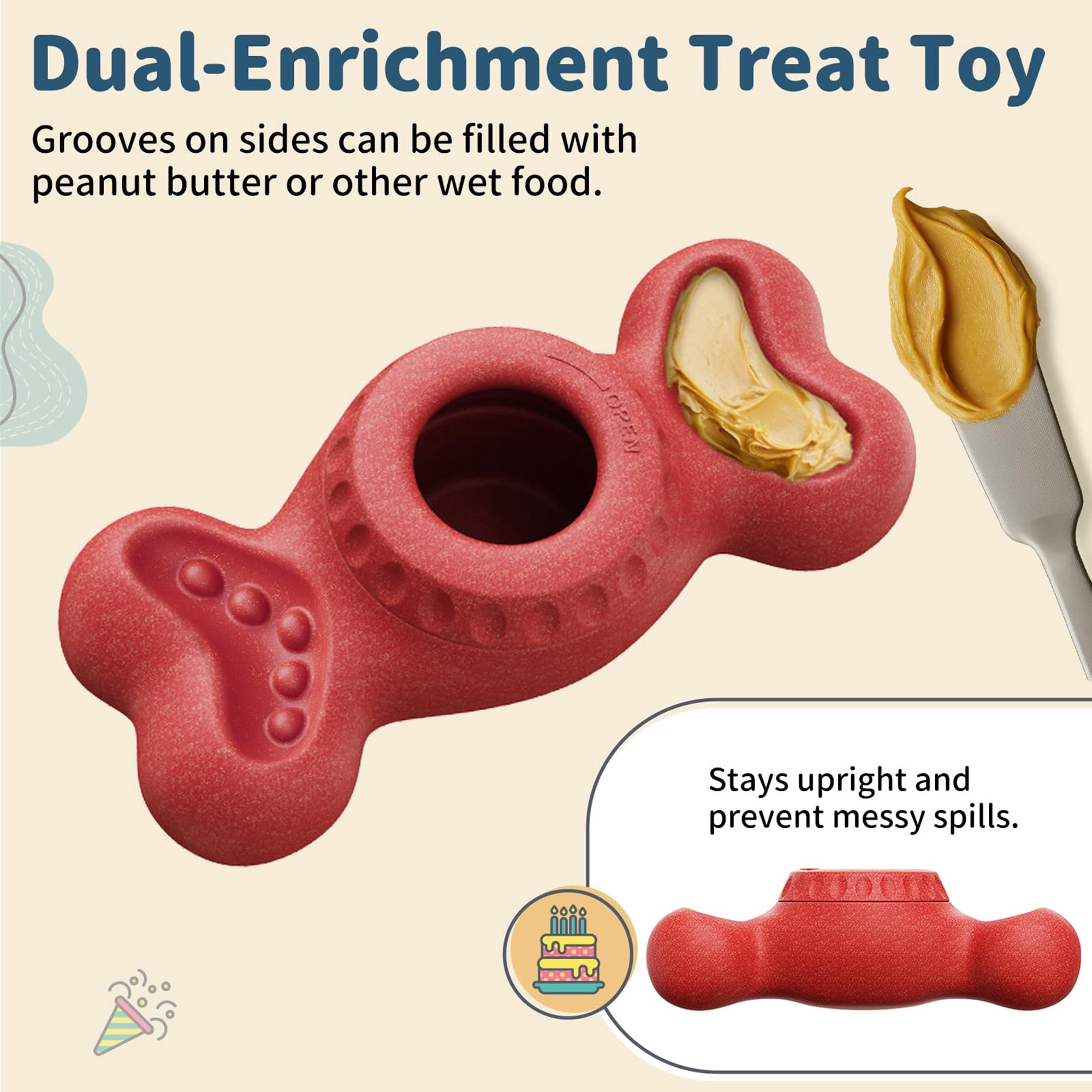 Durable nylon chew toy for aggressive chewers, with fillable treat cups & ice cream mold. Cognitive licking enrichment, bone-shaped, red. Keeps dogs busy.