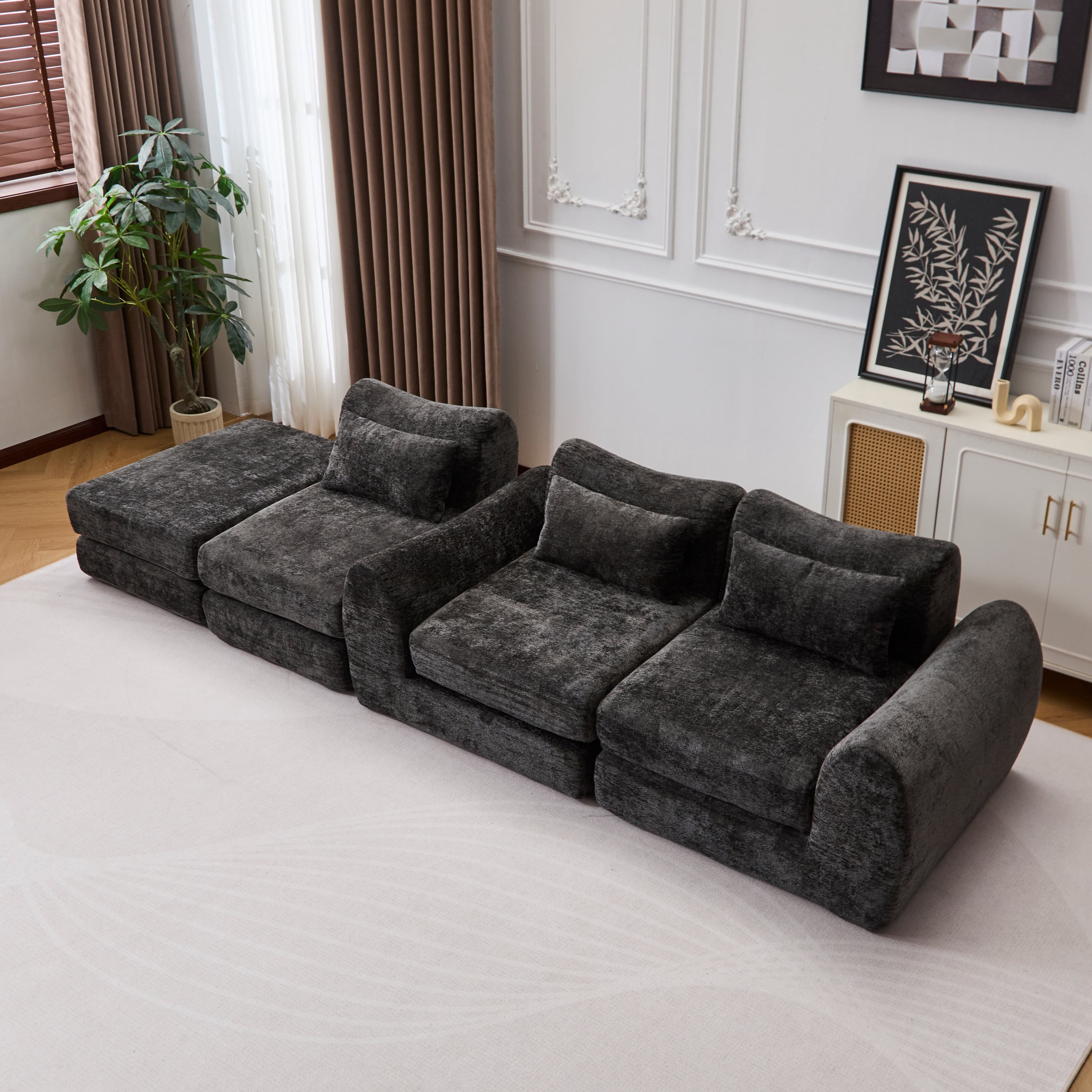 BSHTI Foldable Wave Star Modular Sofa, Chenille Fabric, 4-in-1 Modern Couch for Living Room, Modular Sectional Sofa with Chaise, Free Combination 3 Seater Sofa, Black