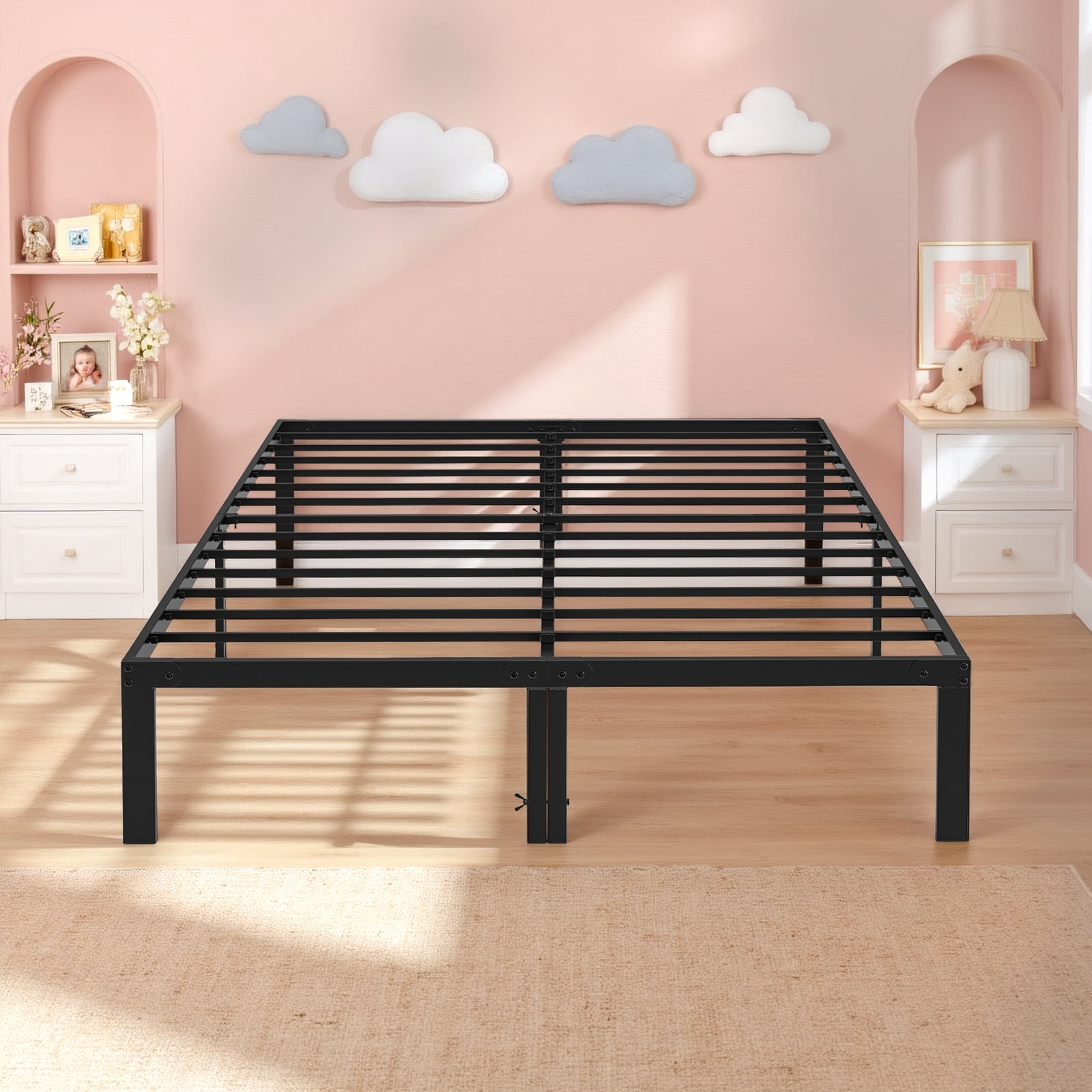 Queen Size Metal Platform Bed Frame, Heavy Duty Mattress Foundation with Steel Slats Support, No Box Spring Needed, Black