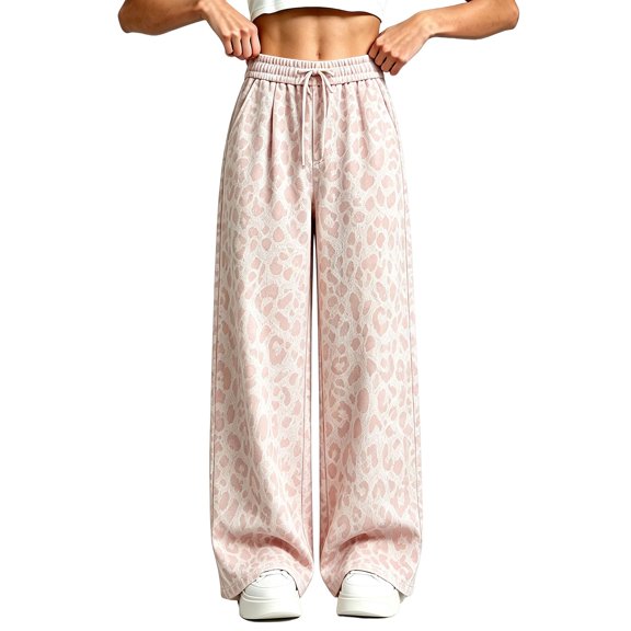 YunPes Girls Wide Leg Sweatpants Leopard Print Elastic Waist Drawstring Pockets Open Bottom Straight Leg Trousers Athletic Pants for Kids