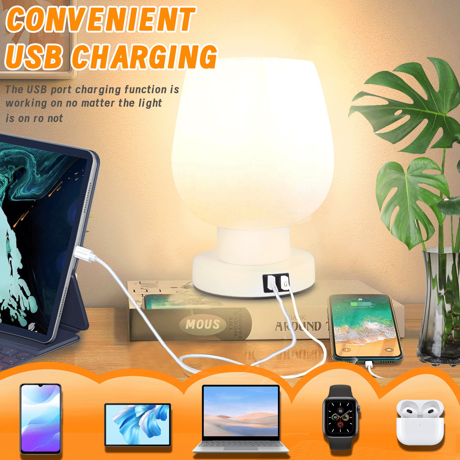 Touch Bedside Lamps with USB Ports, 3 Way Dimmable Small Nightstand Lamp for Bedroom, Living Room, Kids Room, Office Desk (E26 Bulb Included)