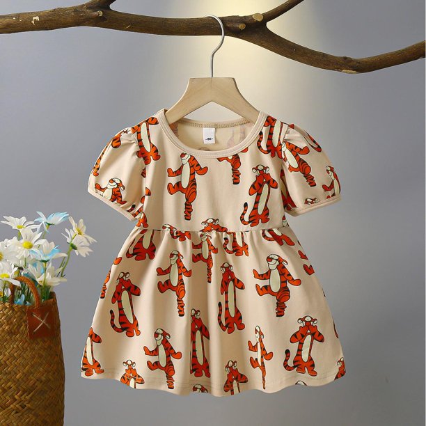 Vestidos de cuello redondo con estampado completo de dibujos animados, ropa de Disney, vestido informal, ropa de exterior Linda para 1-4 años, falda de manga corta, verano, nuevo