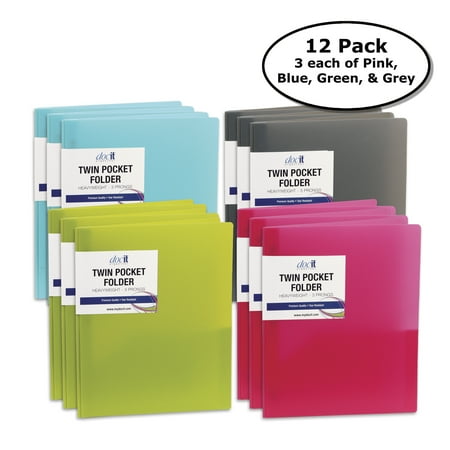 Pocket Folder Letter DocIt Heavyweight Plastic Folders with Pockets and Prongs, Holds Letter Size Sheets, Assorted 12-PACK, 3 Each of Pink, Blue, Green and Grey (00907-C) ()