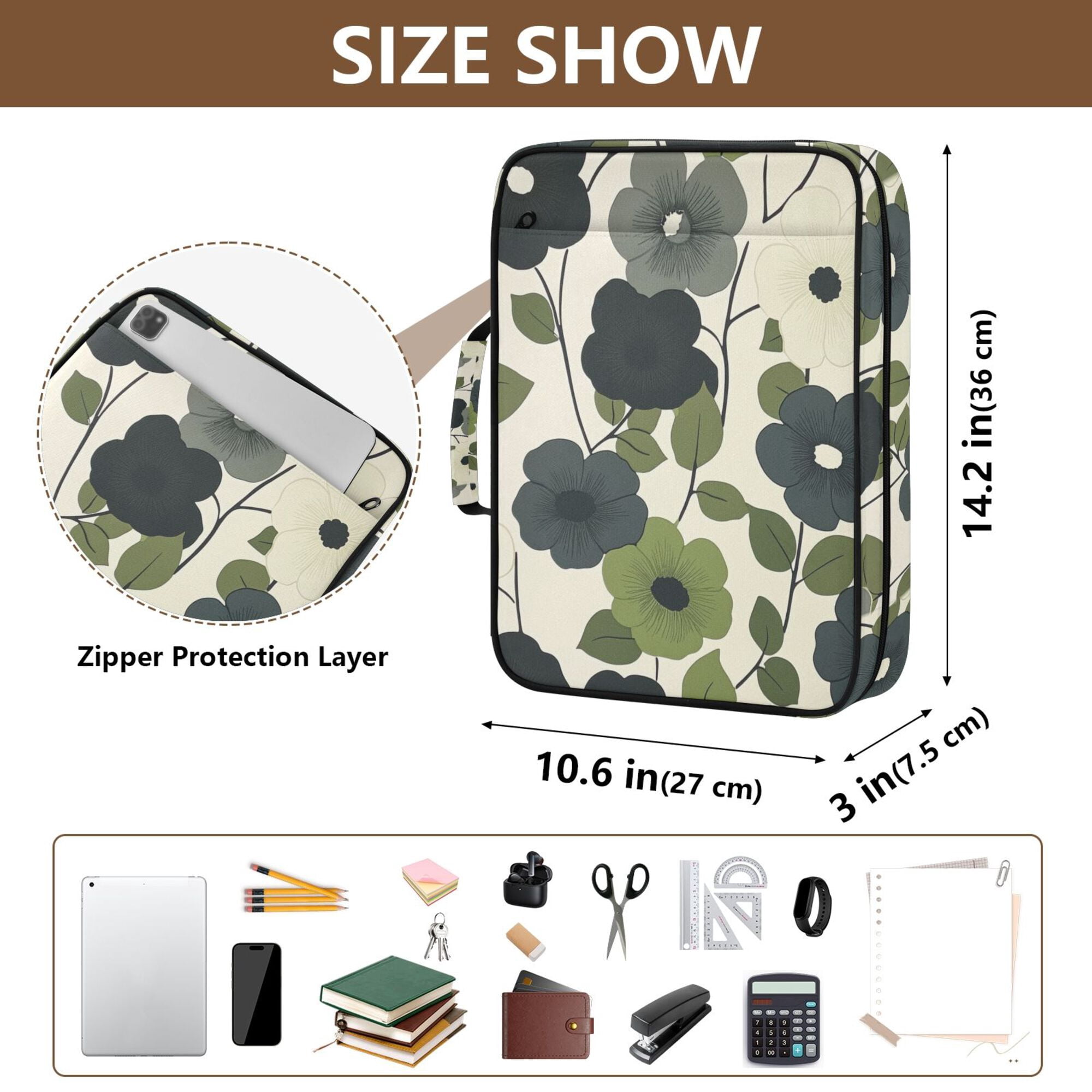 FORMRS Accordion File Folder A4 Size 7-Pocket Expanding Document Organizer Bag with 3 Ring Binder, Navy Flower