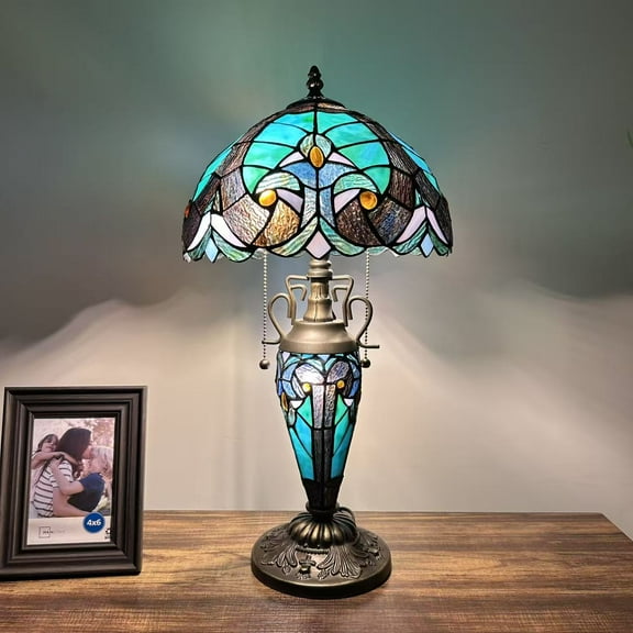 Tiffany Table Lamp Green Brown Stained Glass Shade And Base LED Bulbs Included Liaison Lamp for Living Room Bedroom Bedside 12"W*12"D*22"H