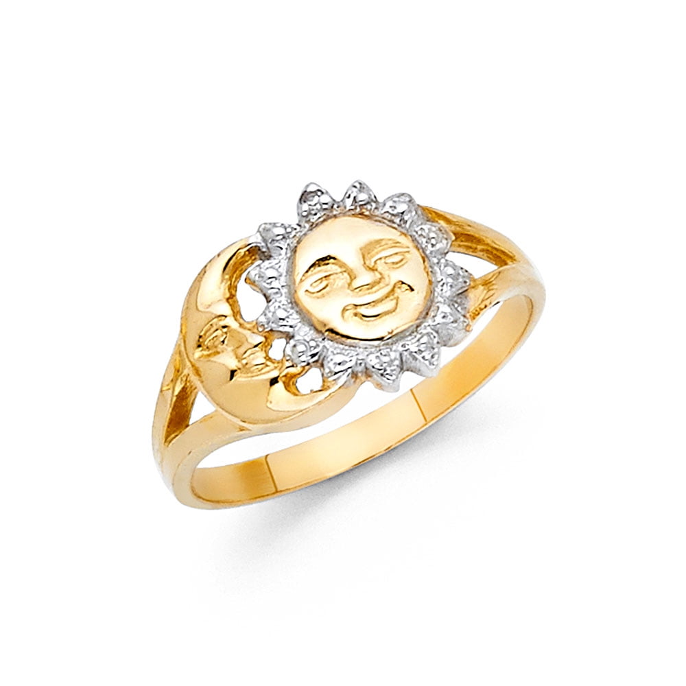 Sun & Moon Ring Solid 14k Yellow White Gold Band Polished Fancy Design Two Tone 