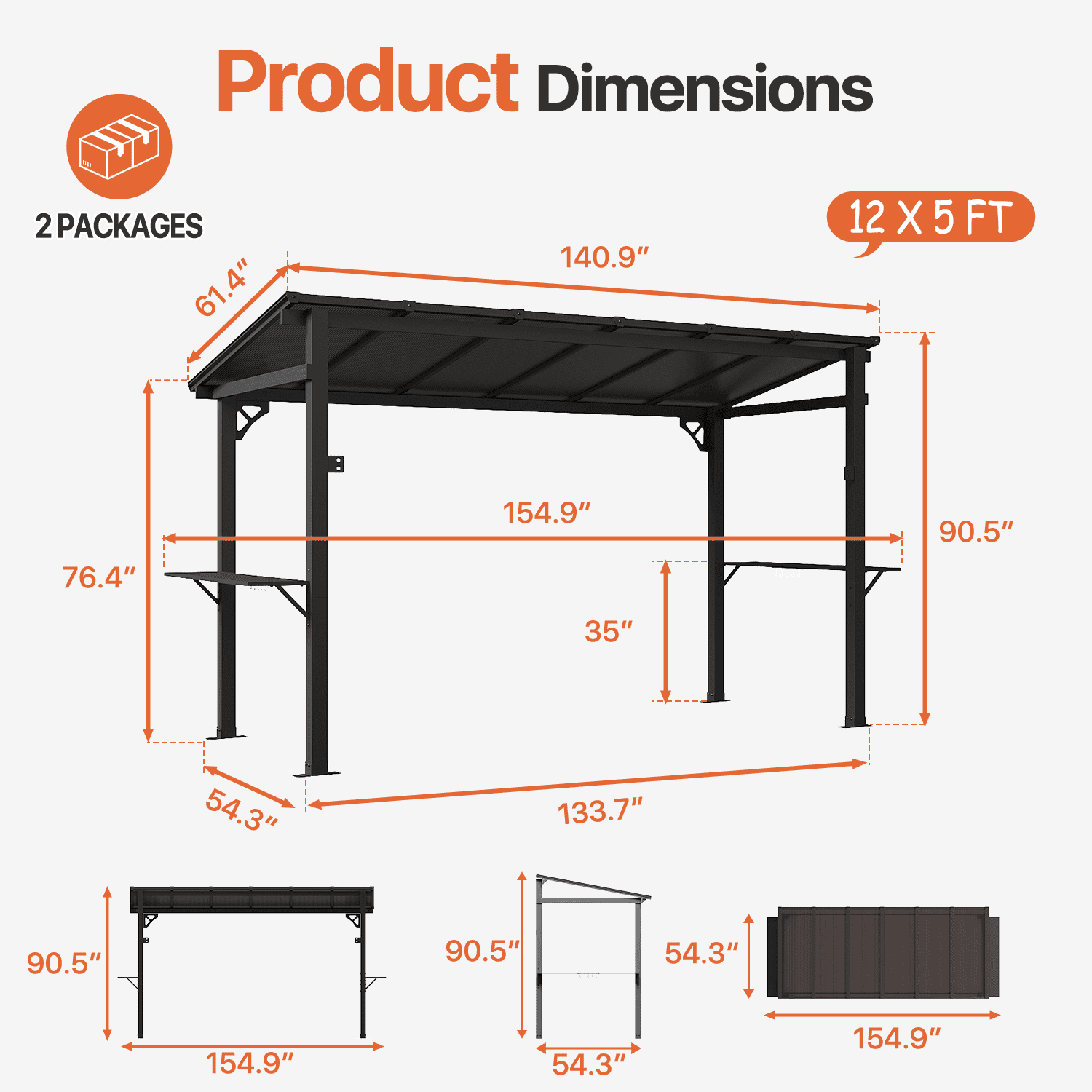 Clouddwell 12'x5.5' Permanent Metal Gazebo,Outdoor BBQ Canopy with Polycarbonate Panel & Sloping Steel Roof, Grill Shelter with 2 Side Shelves and Hooks for Patio, Backyard, Deck