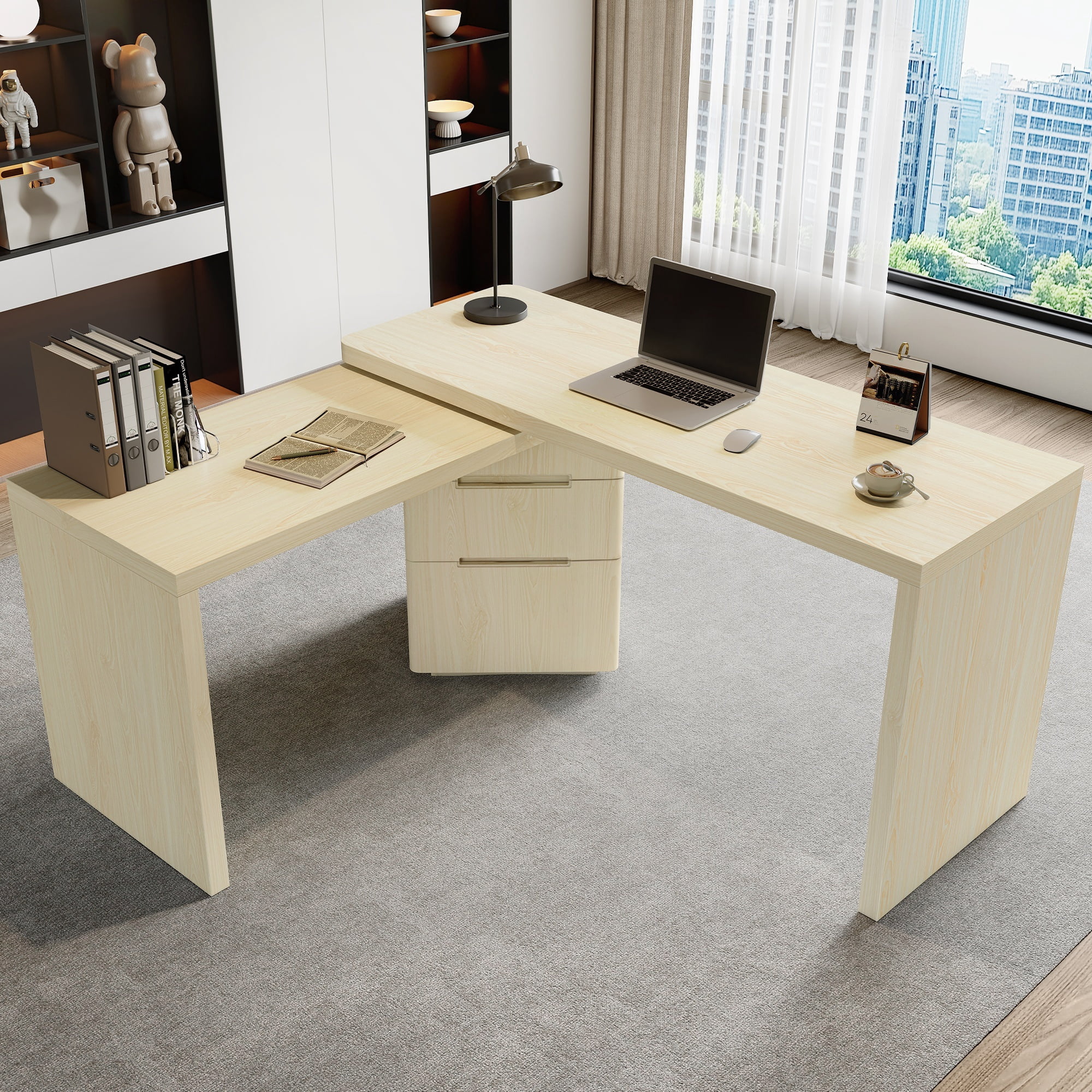 90" L Shaped Desk with 3 Drawers, 360° Rotating Corner Desk, Modern Executive Office Desk in Natural Wood, for Home Office Living Room Study Workstation