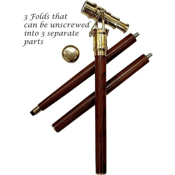 "Vintage Brass Telescope Handle Walking Stick | Foldable Victorian Wooden Cane Steampunk Accessory for Men & Women, 35 Inches"