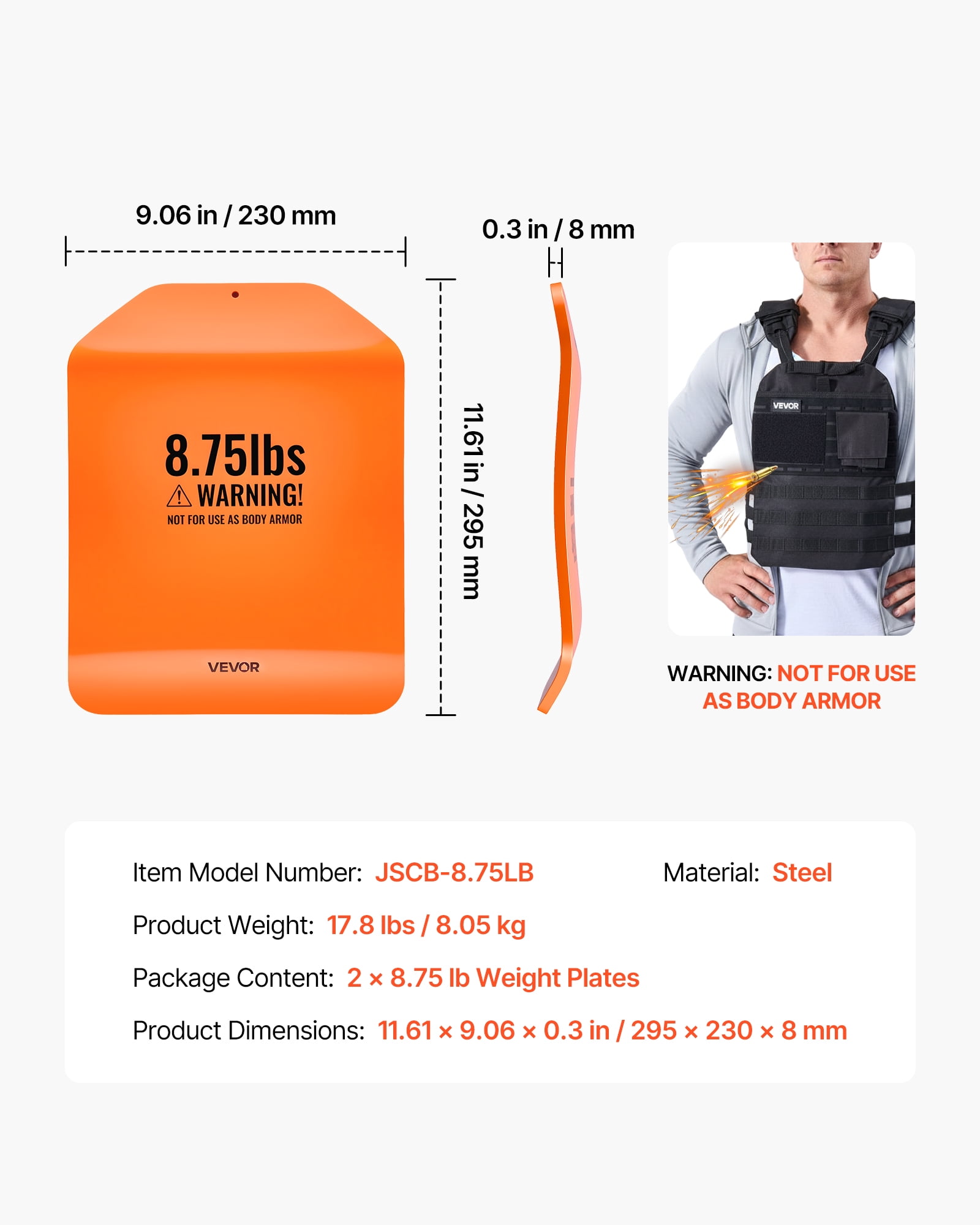 VEVOR Curved Weight Vest Plates, 8.75 LB Pairs, Premium Steel Tactical Weighted Plates for Vest, Ergonomic Design, for Strength Endurance Training, Running, Jogging, Fitness, Heavy Workouts
