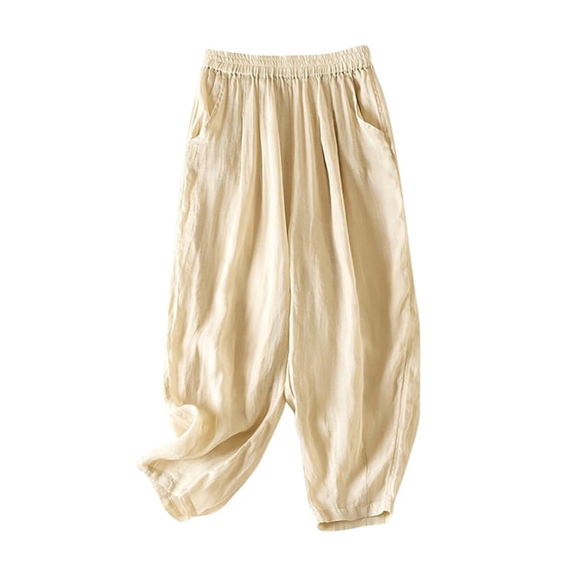 Spring/Fall Saving! HVOBTTY Women's Casual Cropped Trousers, Ladies Solid Color Double Layer Loose Cropped Pants Beige, M