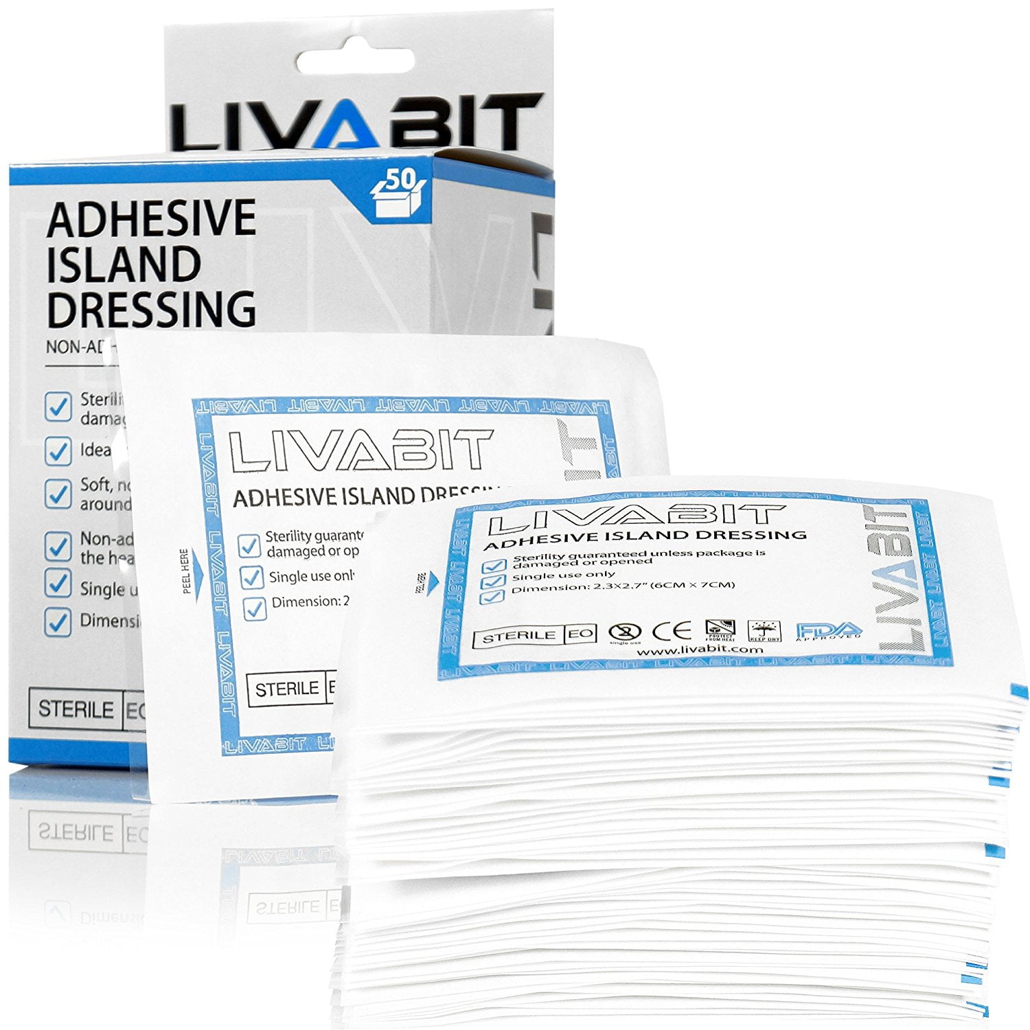 LIVABIT 50pk 2.3x2.7' [ 6x7cm ] Sterile Adhesive Island Dressing Latex Free Adhering Bandage Pads